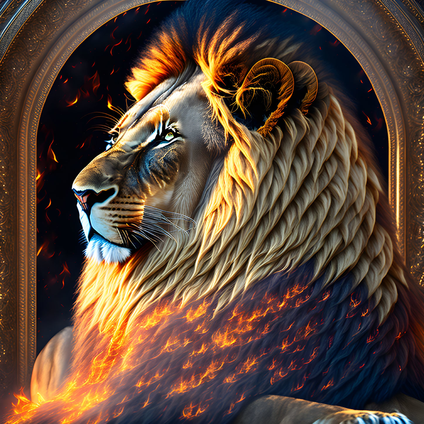 Majestic lion digital artwork with flaming mane in golden frame