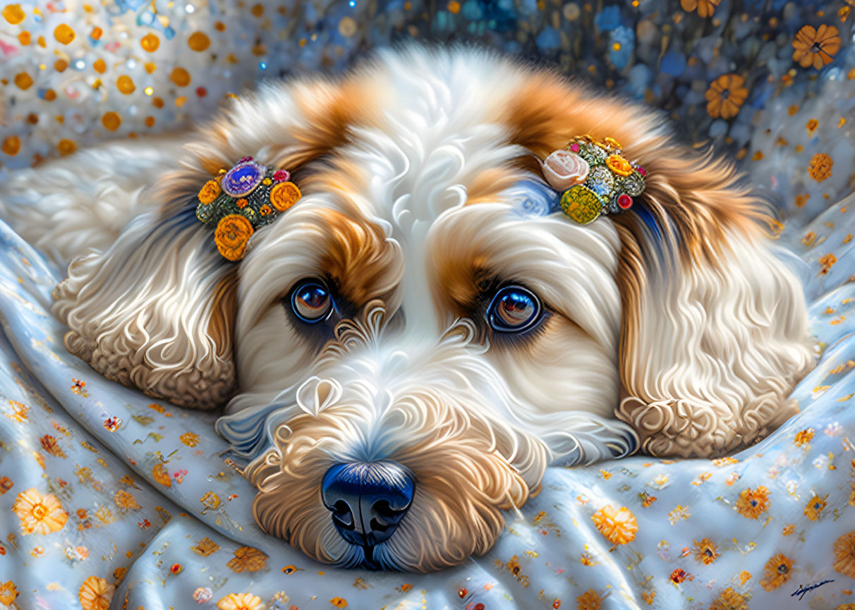 Colorful Stylized Painting: Fluffy Dog with Flower Headband resting on Flower-patterned Fabric