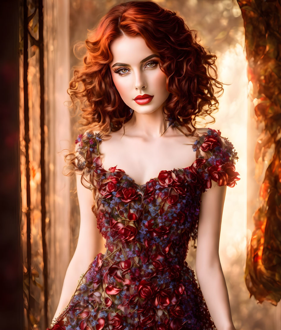 Vibrant red-haired woman in ornate floral dress against golden background