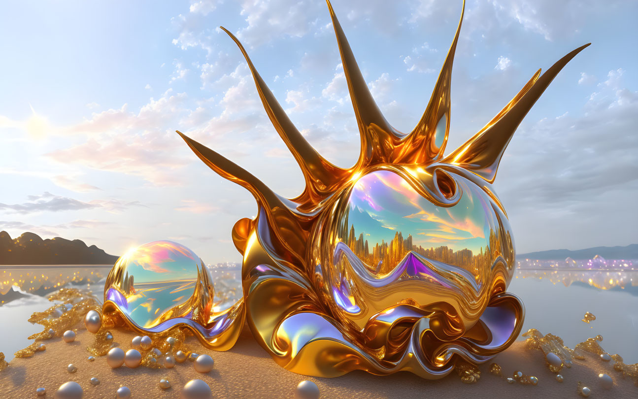 Surreal golden shell with spiky extensions on sandy beach with reflective bubbles and cityscape backdrop