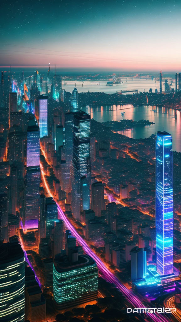 Urban skyline with illuminated skyscrapers and neon lights at dusk