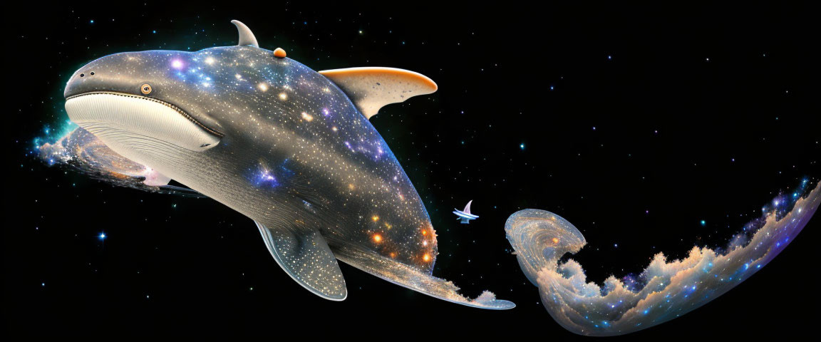 Whimsical digital artwork: Cosmic whale in starry space