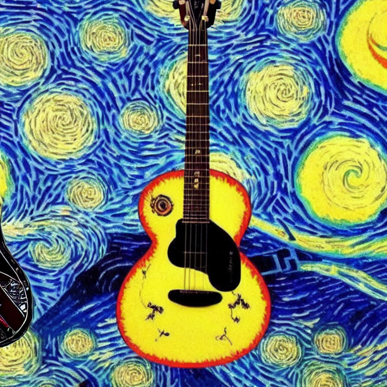 Yellow Acoustic Guitar with Eye Design on "Starry Night" Background