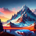 Vibrant surreal digital art: Exaggerated mountain peaks and colorful body in misty sky