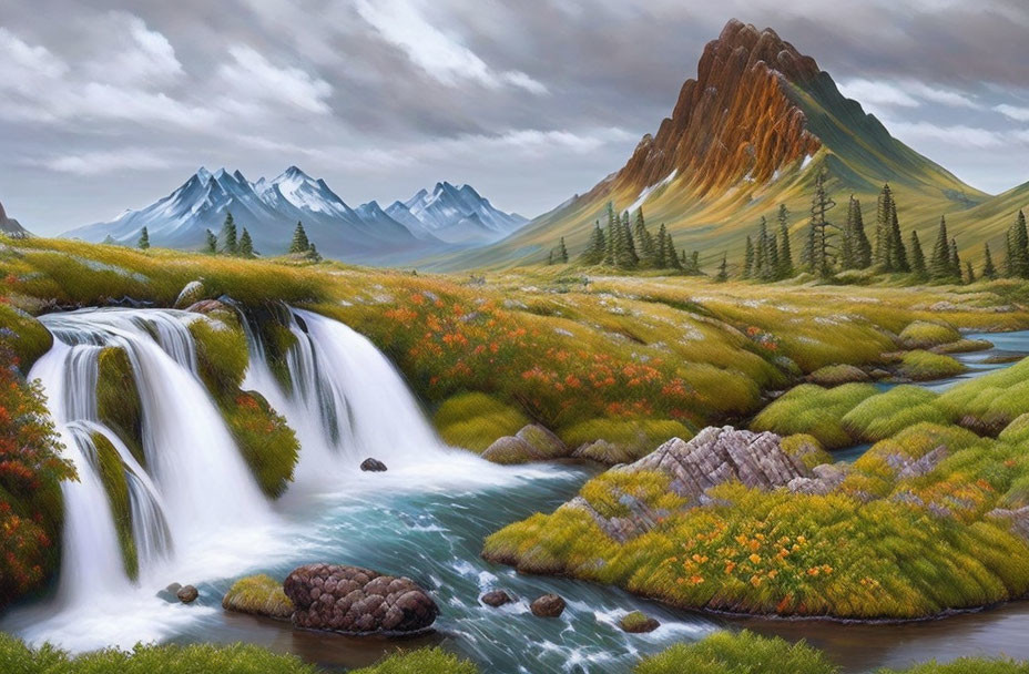 Tranquil landscape with waterfalls, wildflowers, greenery, rocks, and mountains