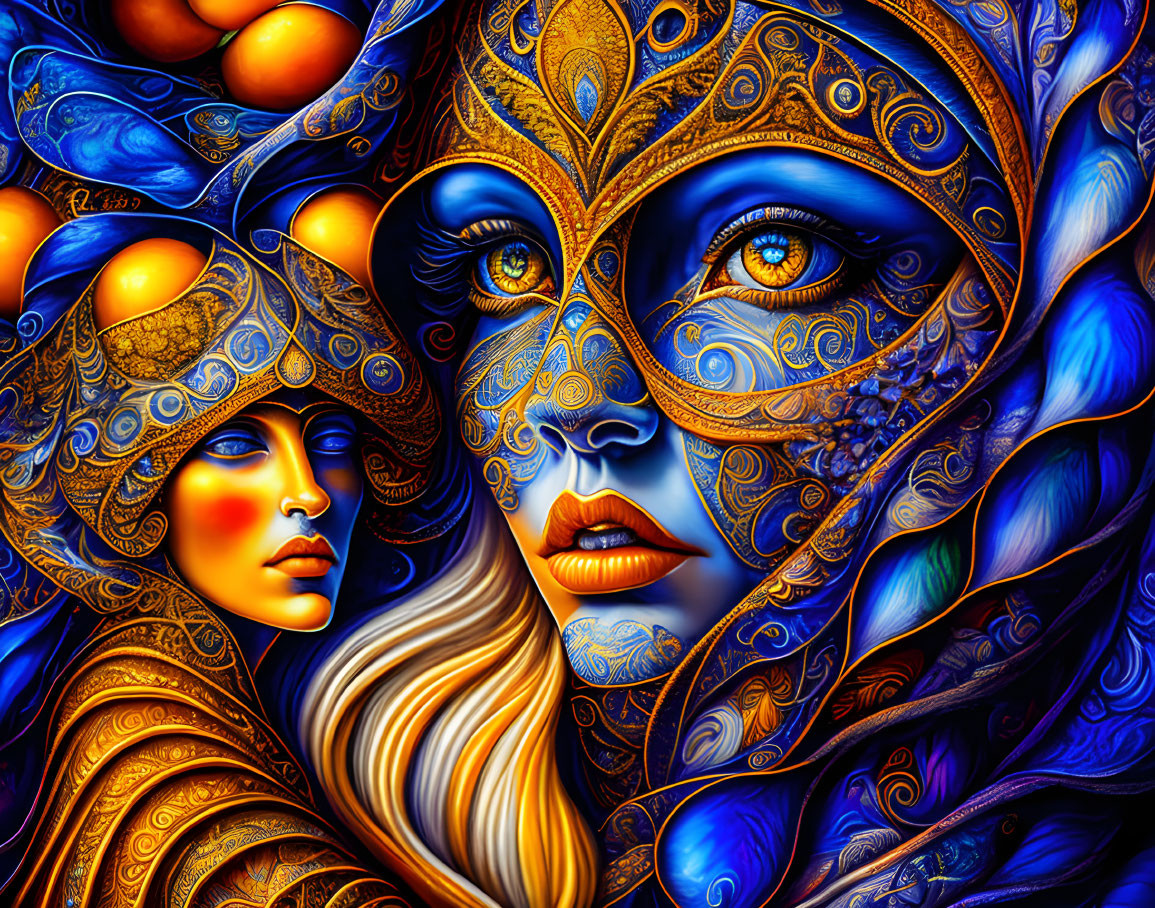 Intricate blue and gold patterned female faces artwork