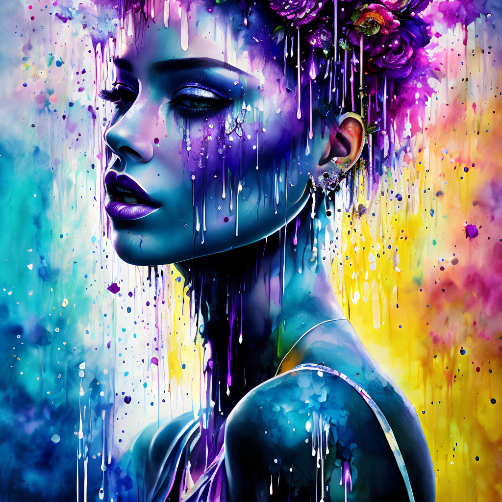 Colorful digital artwork of woman's profile with dripping paint effects