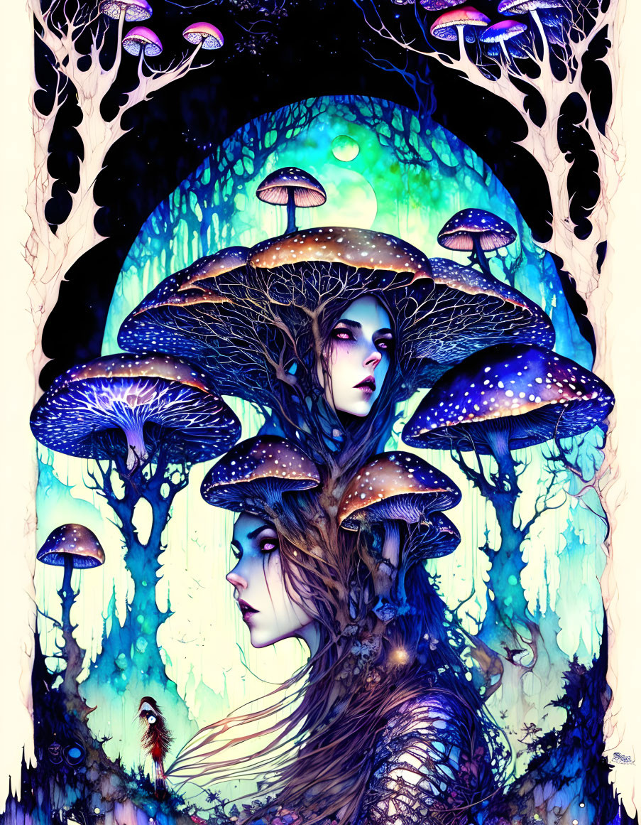 Vivid illustration of mystical women in glowing mushroom forest