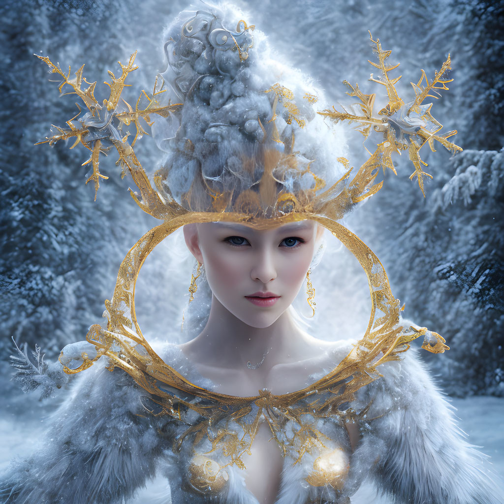 Intricate Golden Headdress on Frosty Fantasy Figure