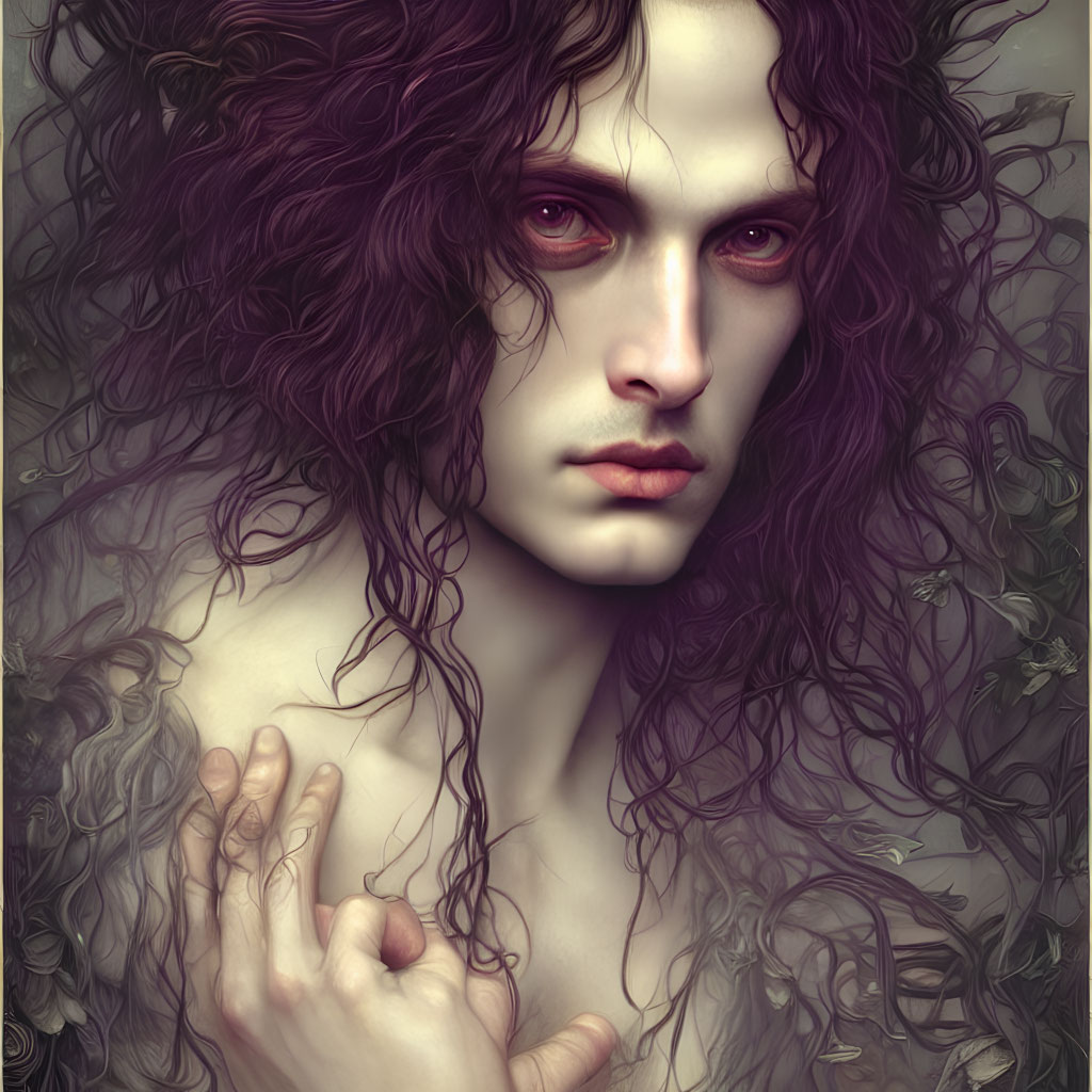 Portrait of a person with pale skin, curly dark hair, piercing eyes, and hand on chest