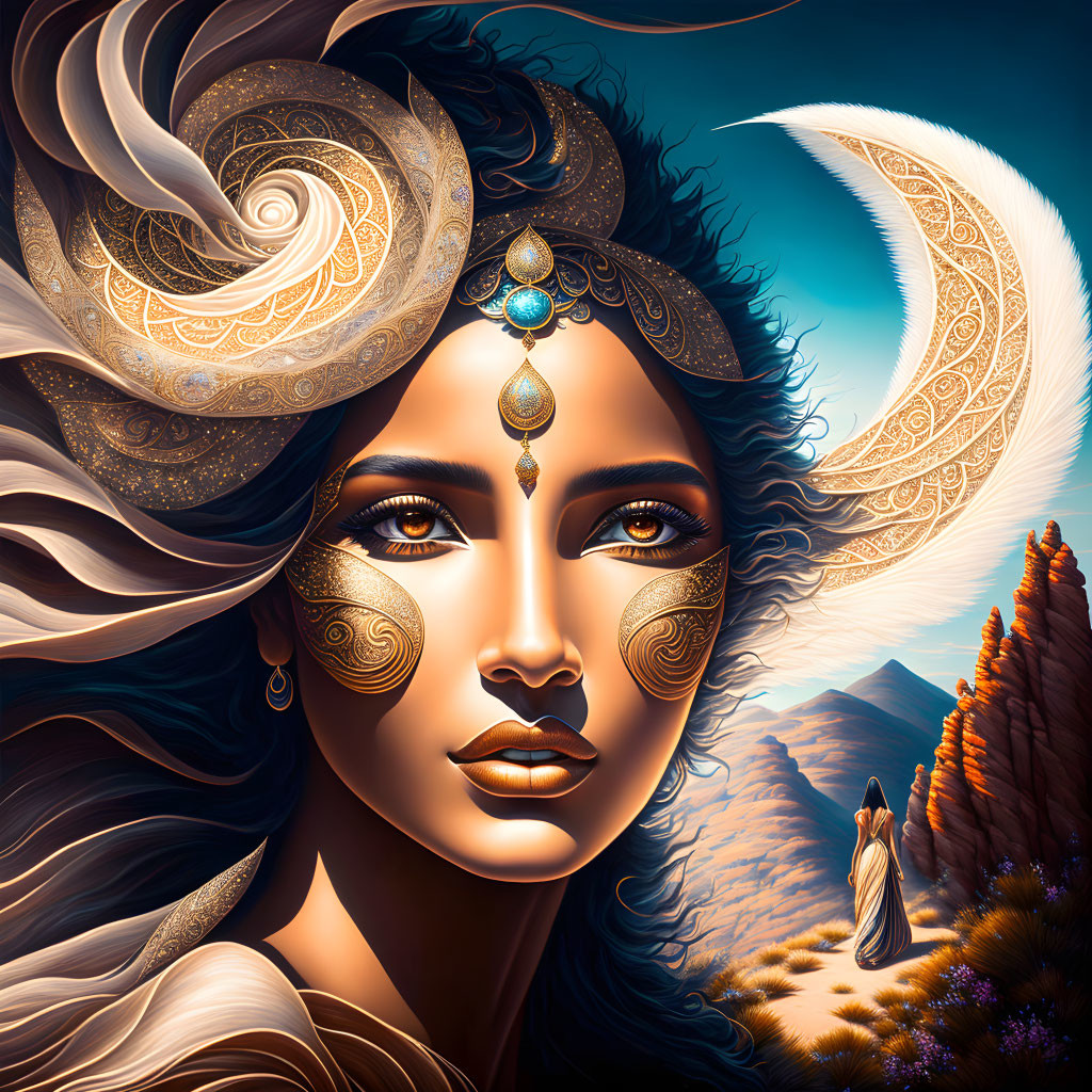 Mystical female figure with gold patterns and moon accessories in desert landscape