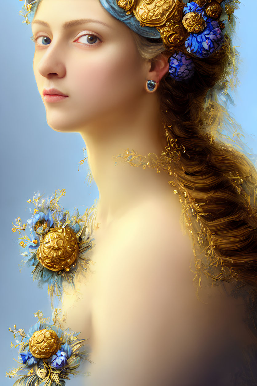 Woman portrait with golden adornments and blue flowers in hair