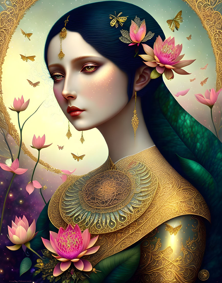 Blue-skinned woman with gold jewelry, peacock feathers, lotuses, and crescent moon.