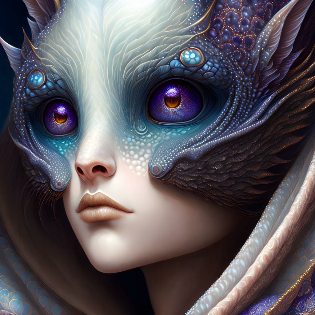 Fantasy illustration of creature with human-like features and large purple eyes