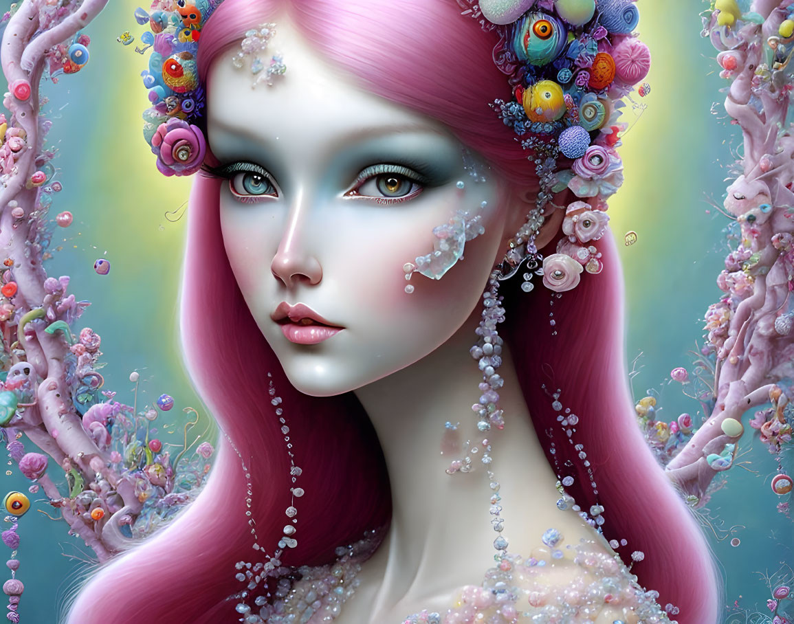 Vibrant pink hair fantasy portrait with colorful flora and fauna