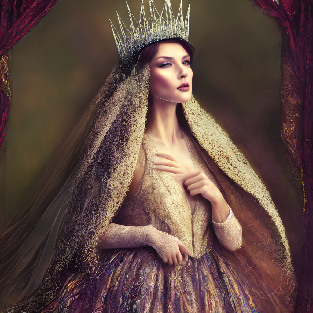 Regal figure in crown and veil, majestic pose in luxurious gown