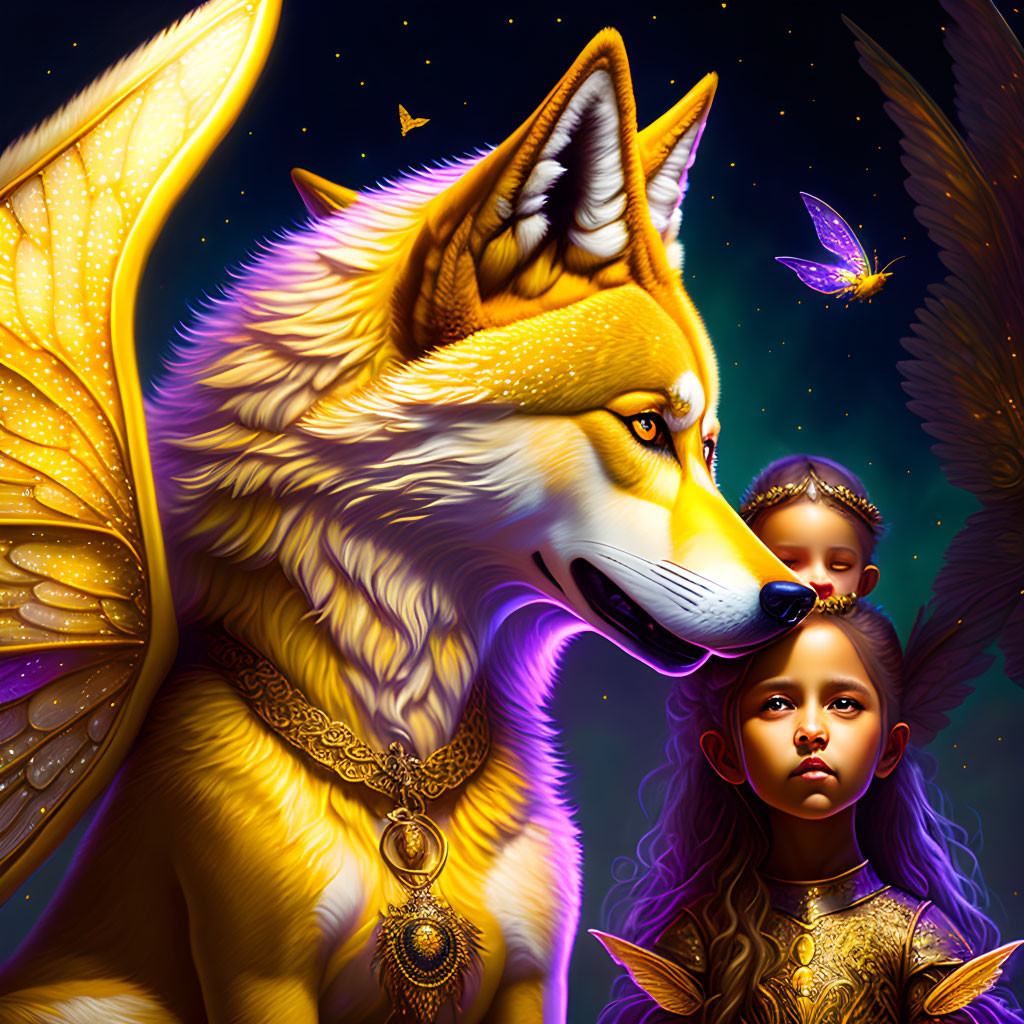 Fantastical illustration of girl with purple hair and winged wolf surrounded by glowing butterflies