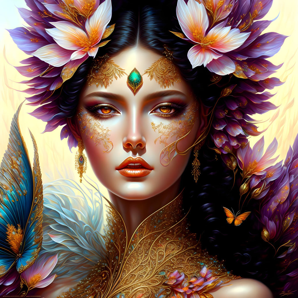 Detailed illustration of woman with purple flower headdress, golden jewelry, feathered collar, and butterfly on