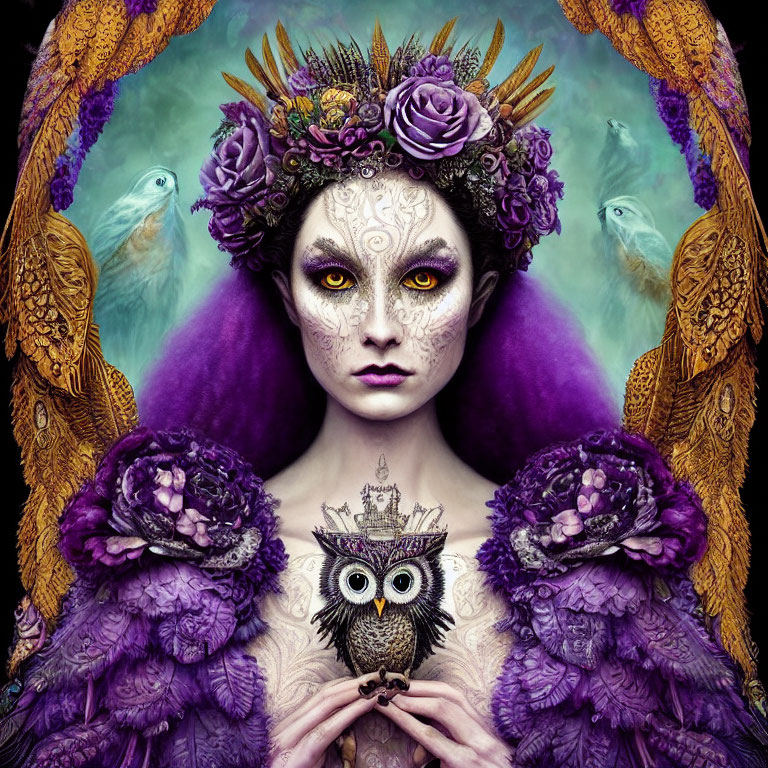 Symmetrical portrait featuring woman with purple and gold makeup, owl, floral, and bird motifs