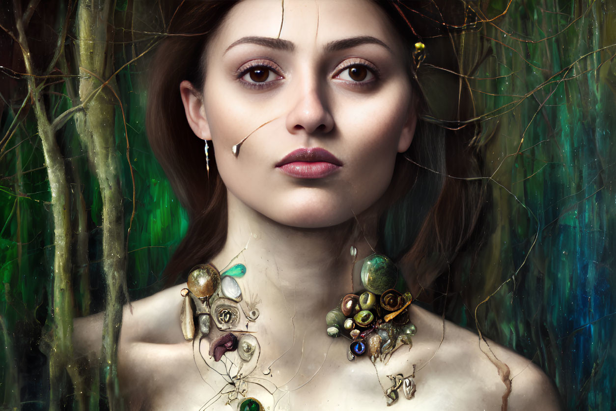 Portrait of Woman with Deep Gaze and Forest-Themed Jewelry in Ethereal Woods