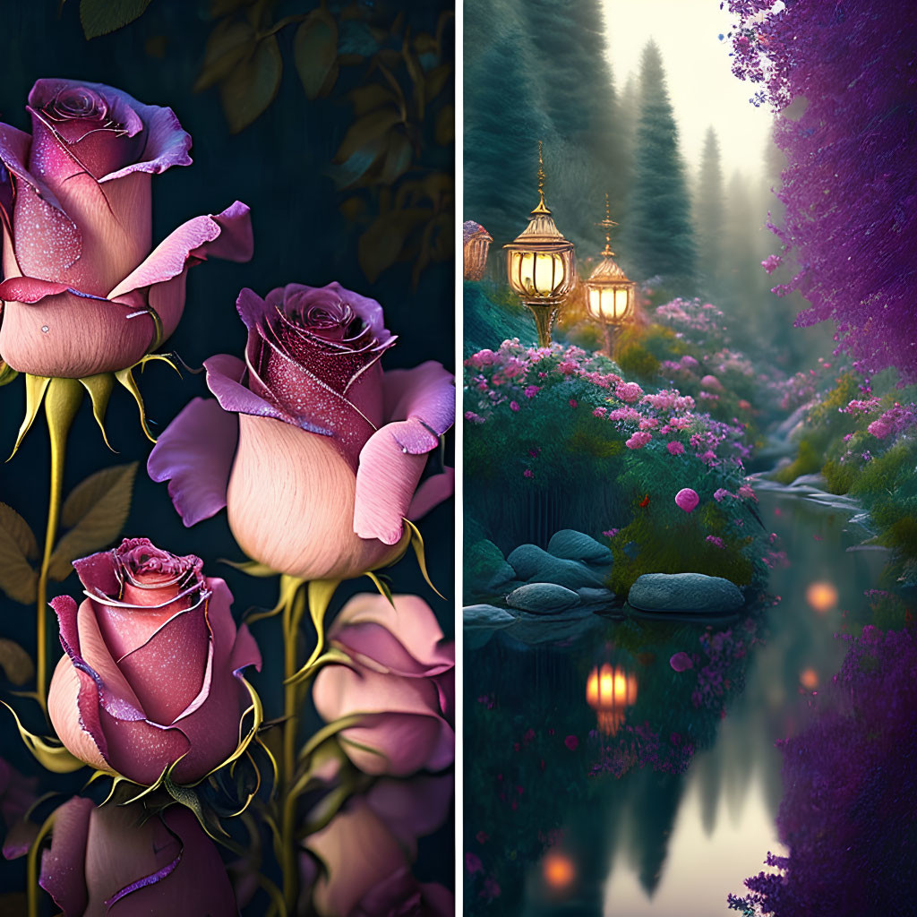 Split image: Dew-covered roses & lantern-lit path by river