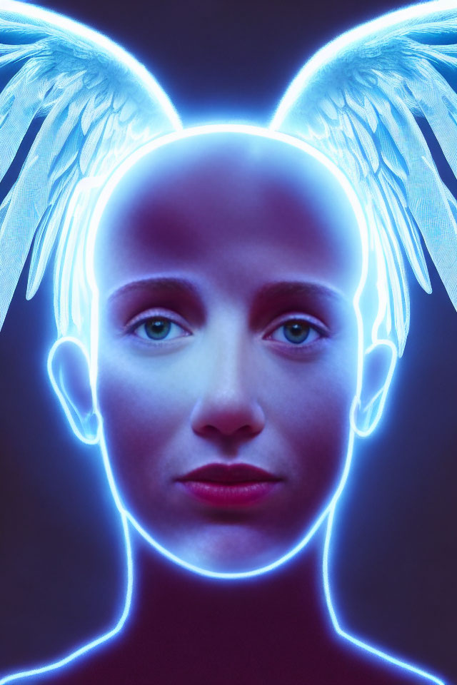 Stylized portrait with glowing blue outlines and luminous wings symbolizing an angelic theme