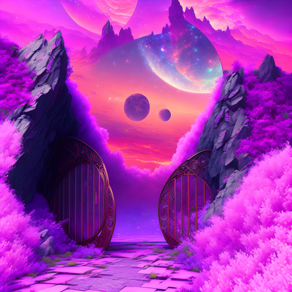 Fantasy landscape with open gates, purple foliage, planets, and mountain silhouette