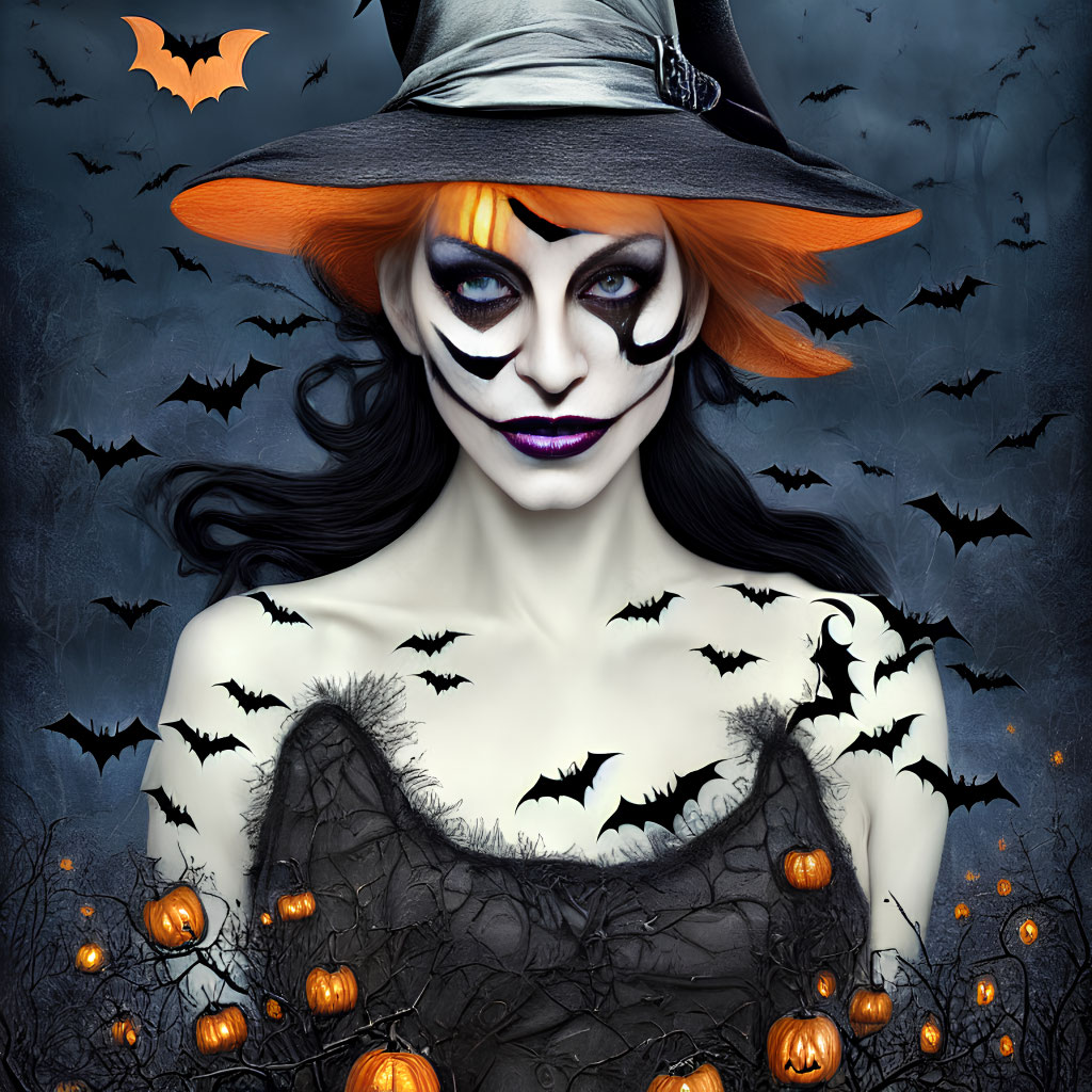 Person in dramatic witch makeup and costume with bats and pumpkins backdrop