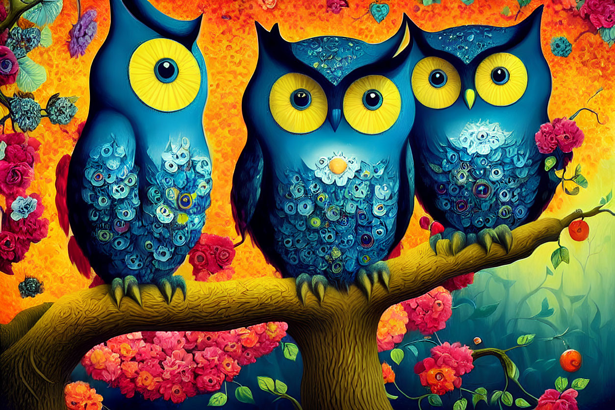 Vibrant colored owls with intricate patterns on a fiery floral backdrop