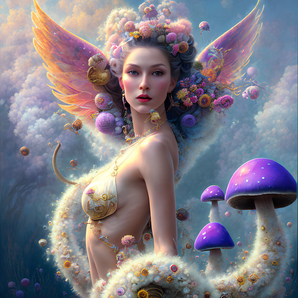 Fantasy illustration of winged female figure with ornate jewelry in mystical setting