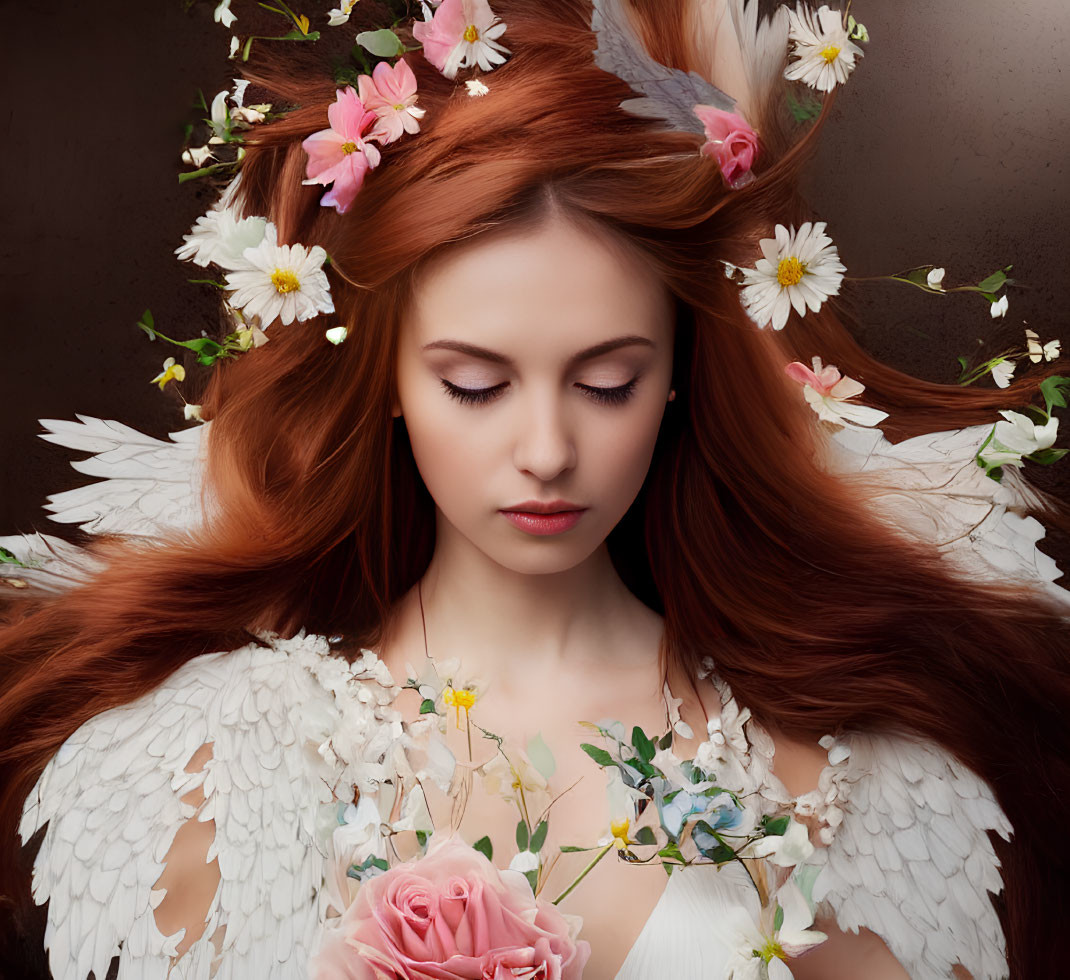 Woman with red hair in feathery outfit holding pink rose