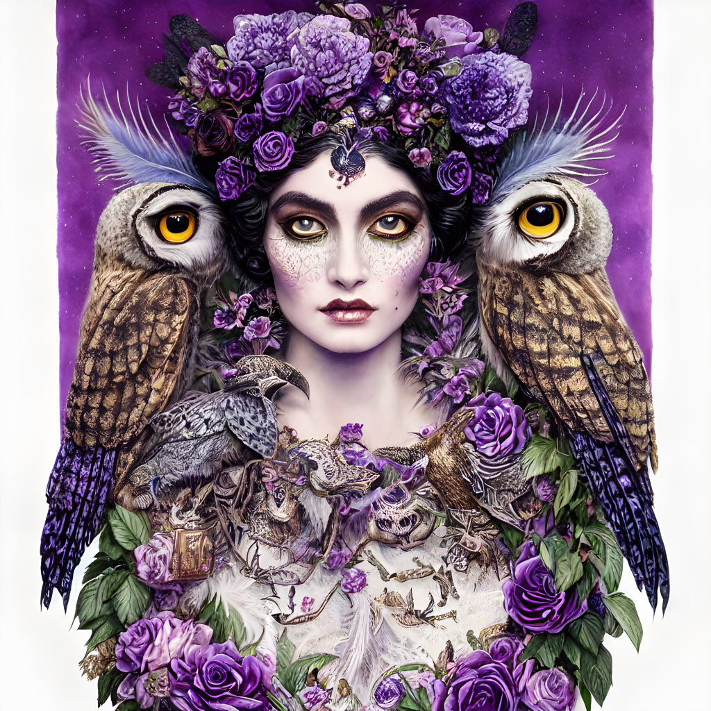 Surreal portrait: woman's face with floral elements, owls, purple background