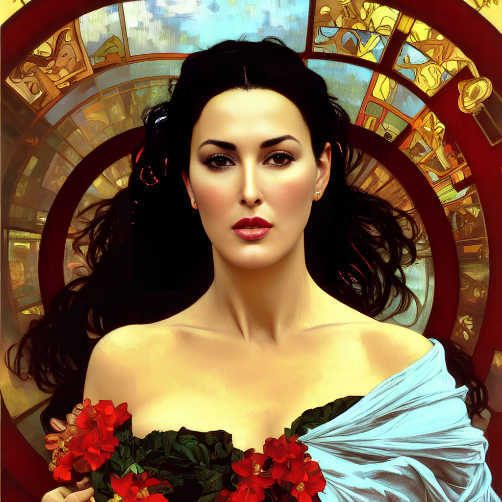 Stylized portrait of woman with dark hair and blue garment holding red flowers