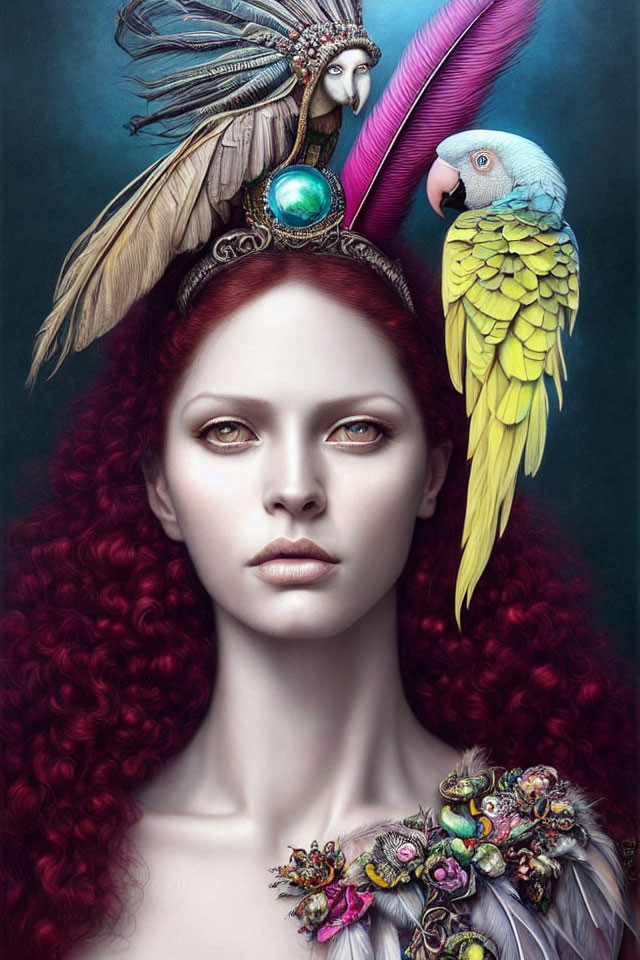 Surreal portrait of woman with red curly hair and parrot on shoulder