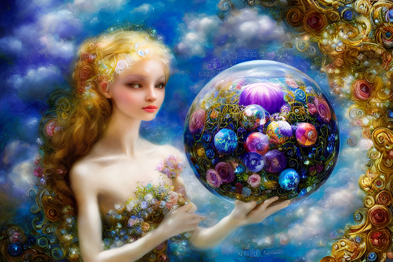 Woman with floral adornments holding colorful orb in dreamy setting