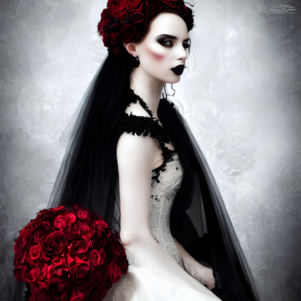 Pale woman in gothic bridal attire with red rose headpiece and bouquet