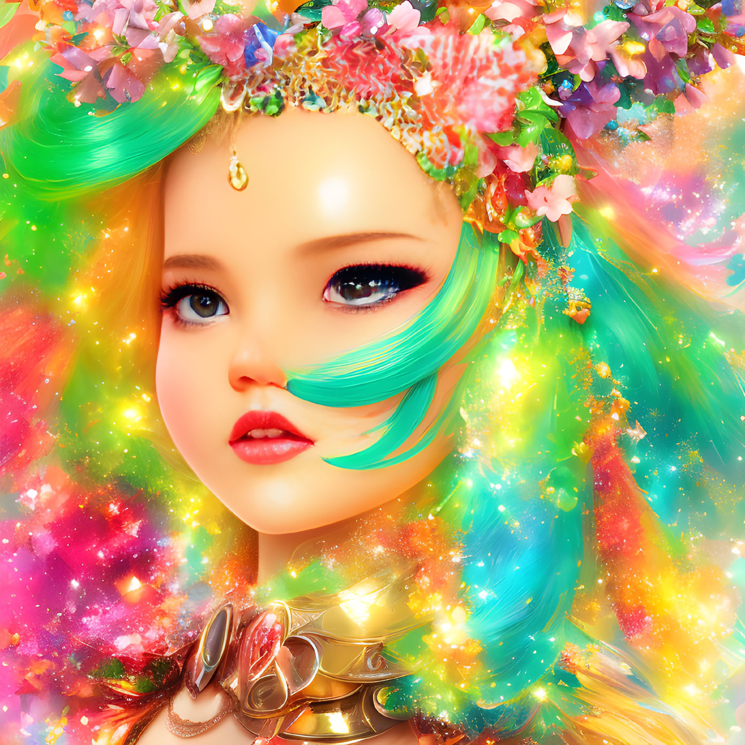 Colorful illustration of girl with multicolored hair and floral headband in vibrant setting