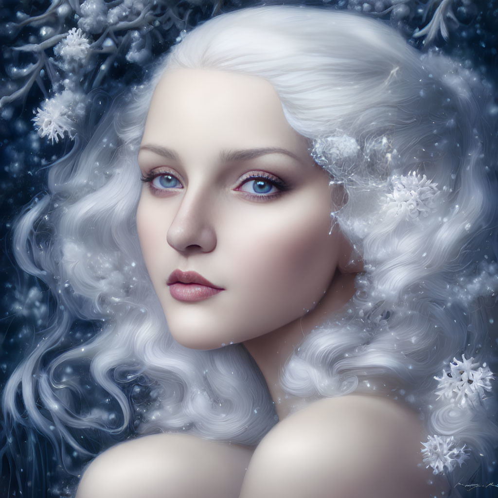 Portrait of Woman with Alabaster Skin and Snowflake Adorned Hair