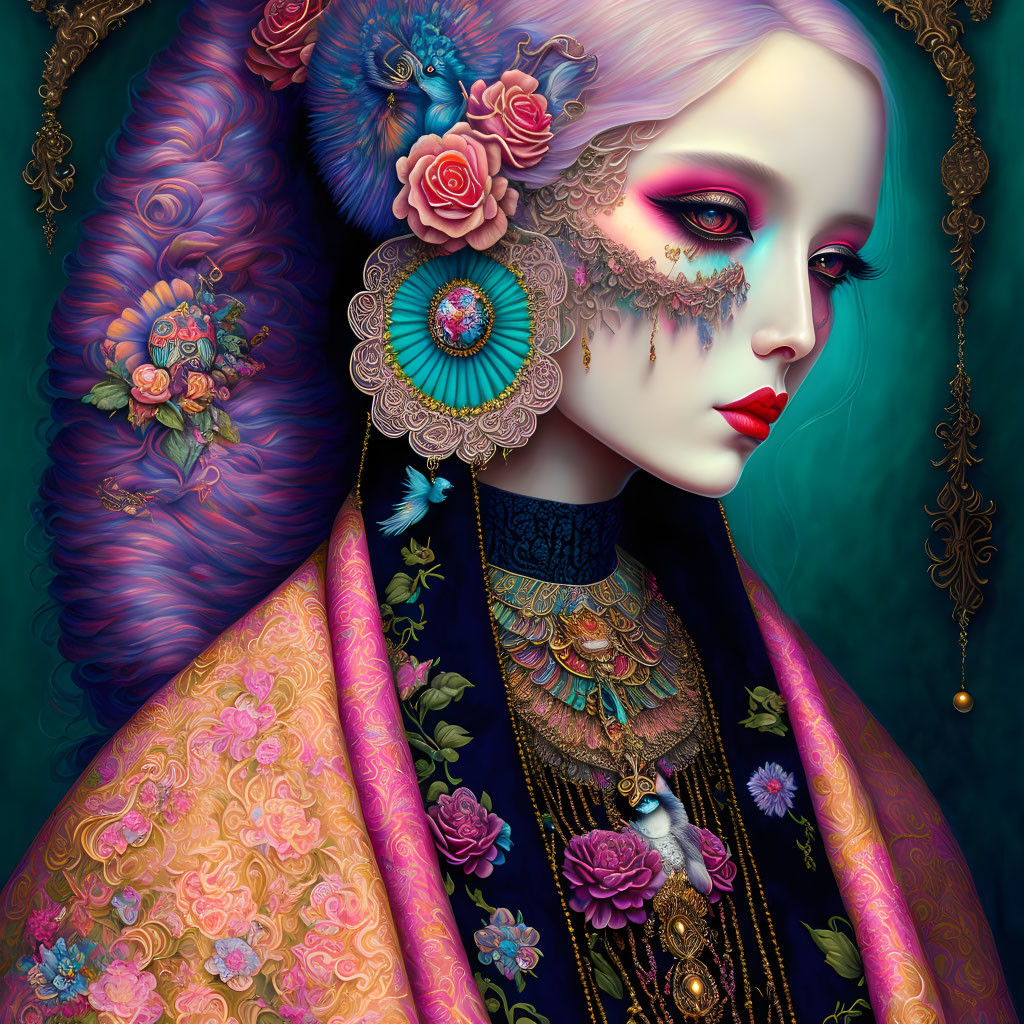 Colorful makeup, ornate accessories, and floral motifs on a woman's portrait.