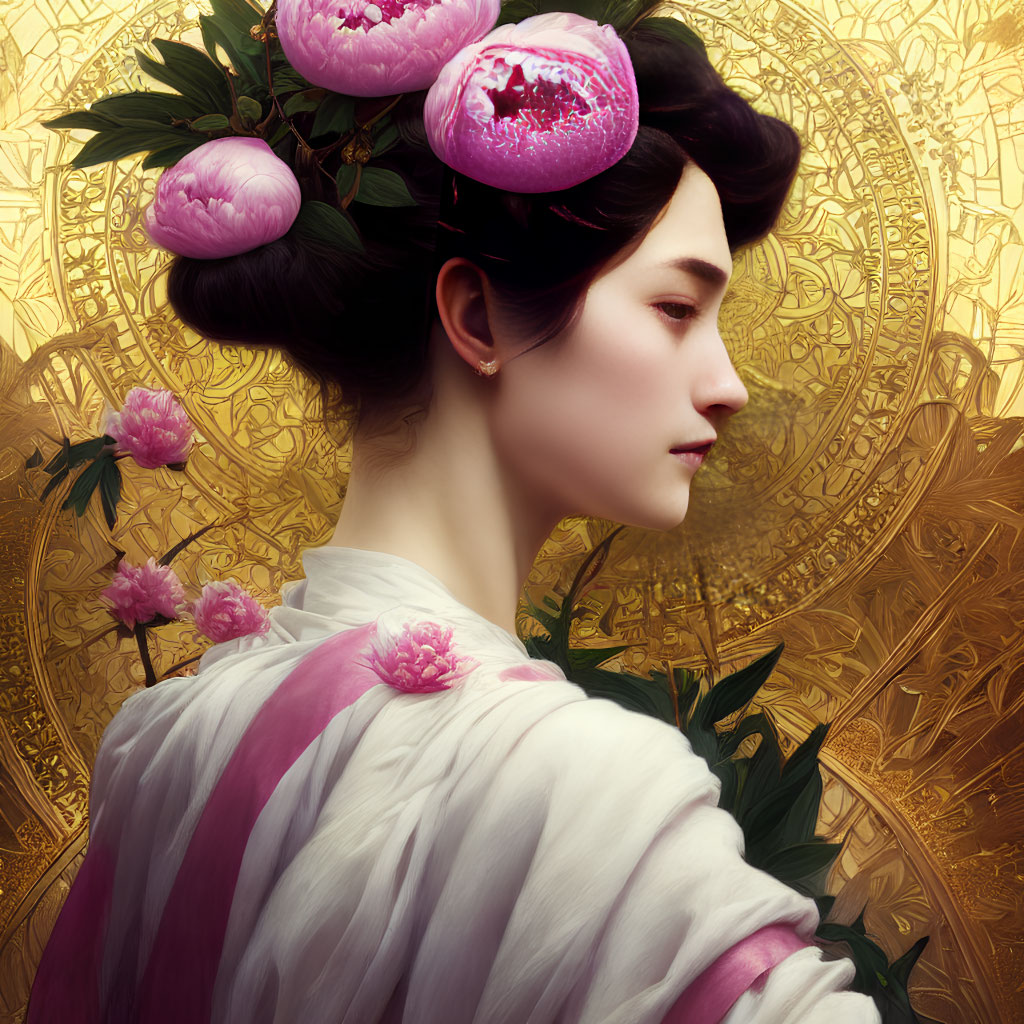 Traditional Attire Woman Portrait with Pink Peonies on Golden Backdrop