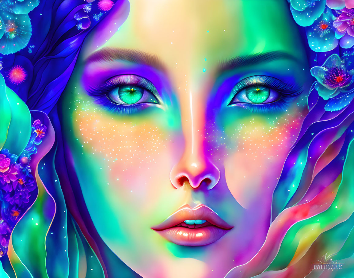 Colorful digital art: Woman's face with cosmic skin tones blending into floral elements