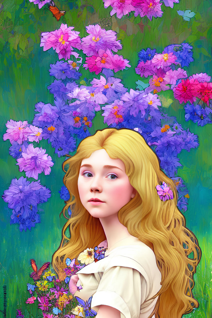 Blonde girl in yellow dress surrounded by vibrant flowers