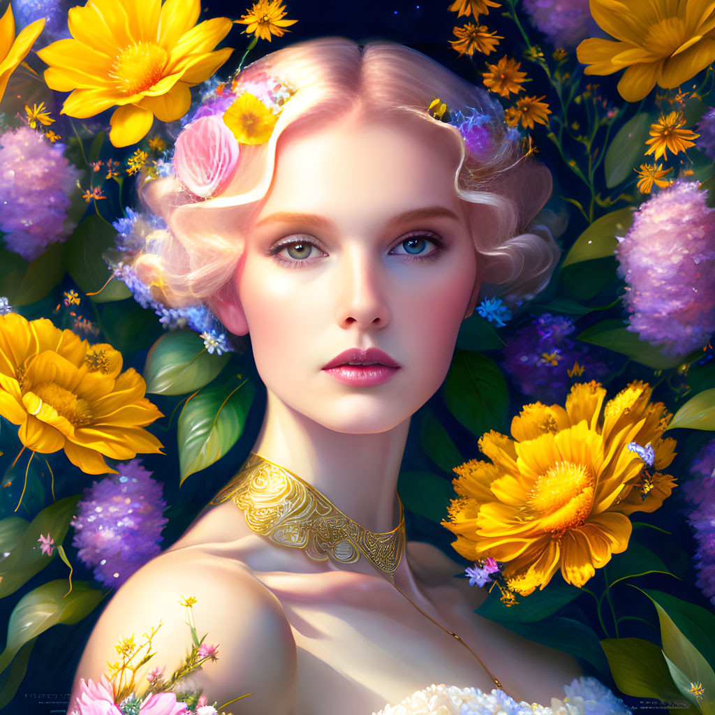 Portrait of Woman with Pale Skin and Light Hair Among Yellow and Purple Flowers