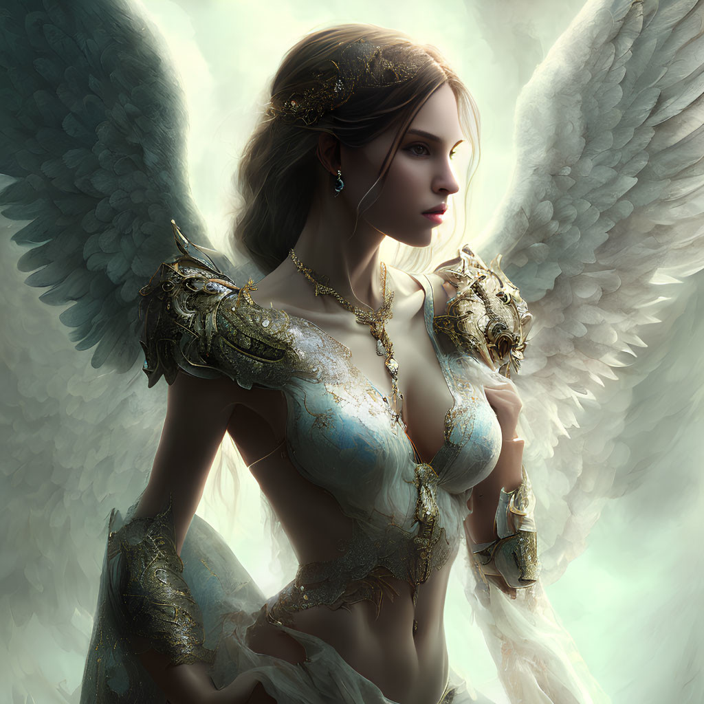 Ethereal figure in white wings and golden armor exudes serene strength