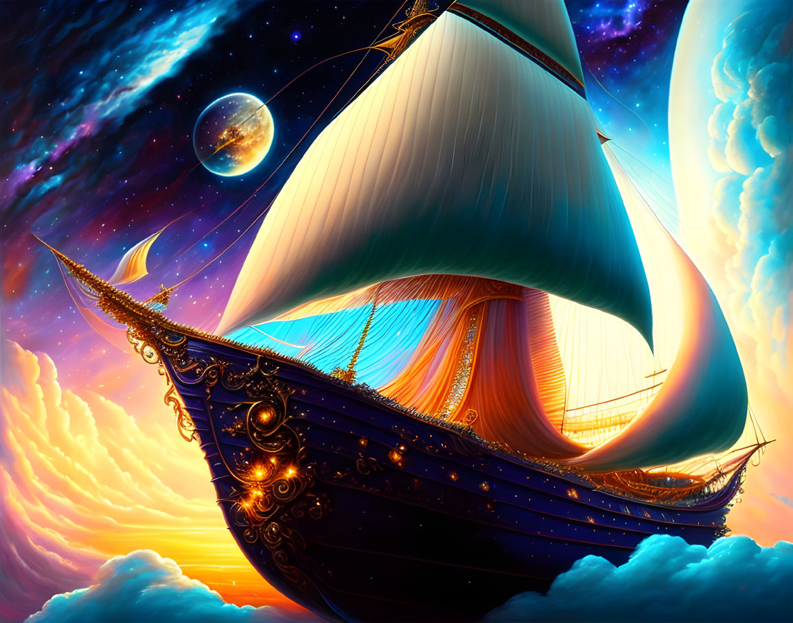 Fantastical sky ship with elaborate designs at sunset