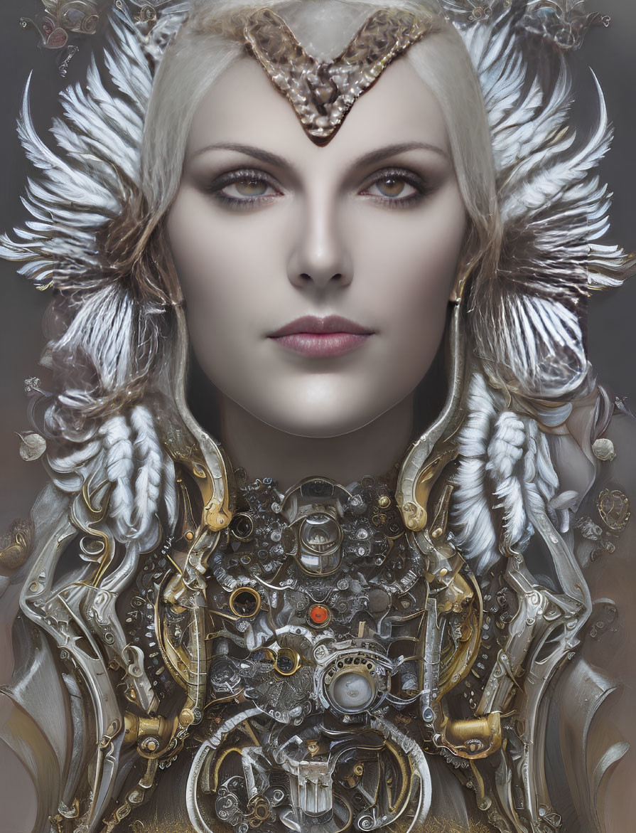 Pale-skinned woman in ornate metallic headdress and gemstone armor