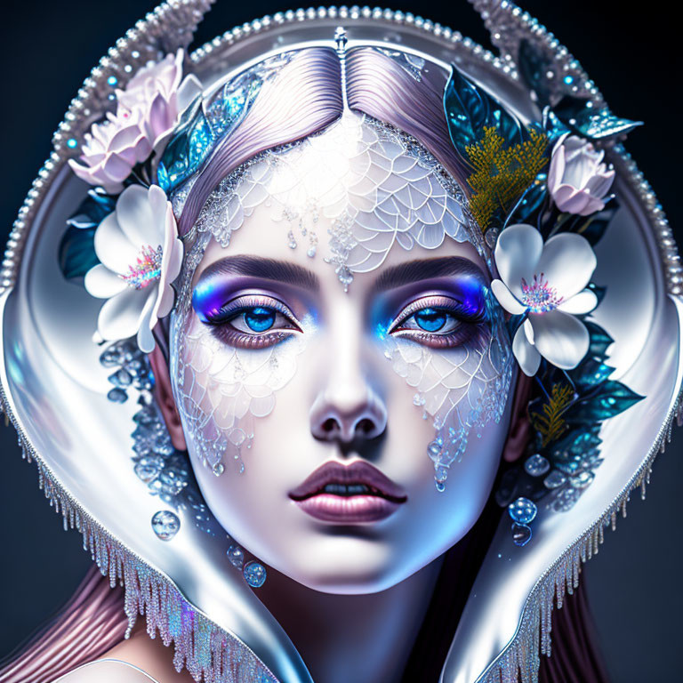 Detailed makeup woman portrait with flowers, crystals, and headpiece