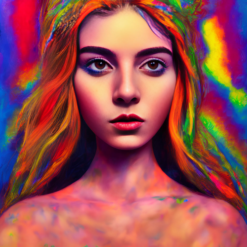 Colorful portrait of a woman with rainbow hair and brown eyes on multicolored backdrop