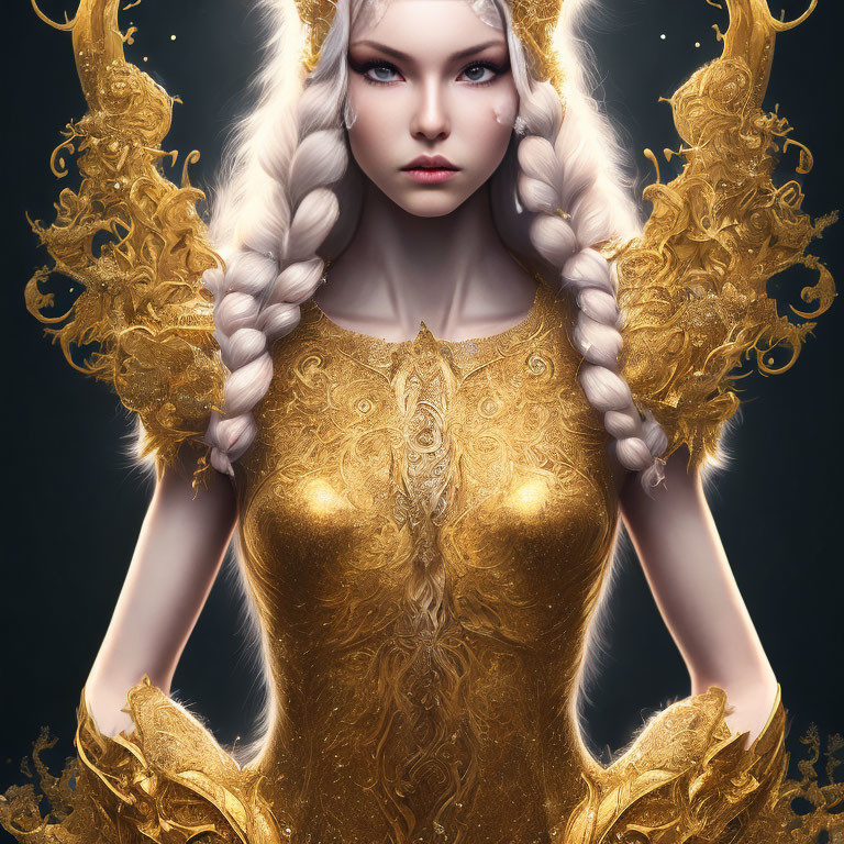 Regal female character in golden armor with braids and stern expression