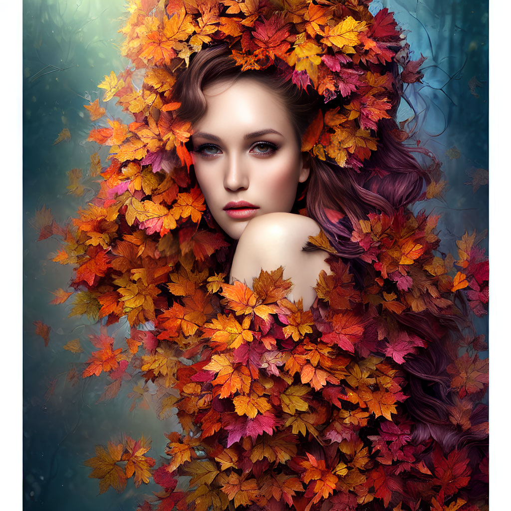 Woman with Autumn Leaves Crown and Blue Eyes